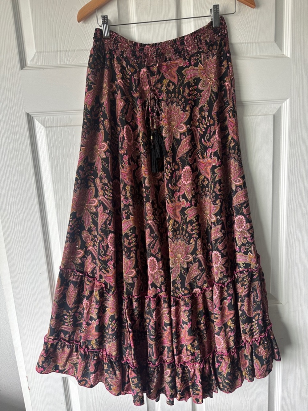 Chelsea & Theodore Black Maxi Skirt with Pink Floral Paisley